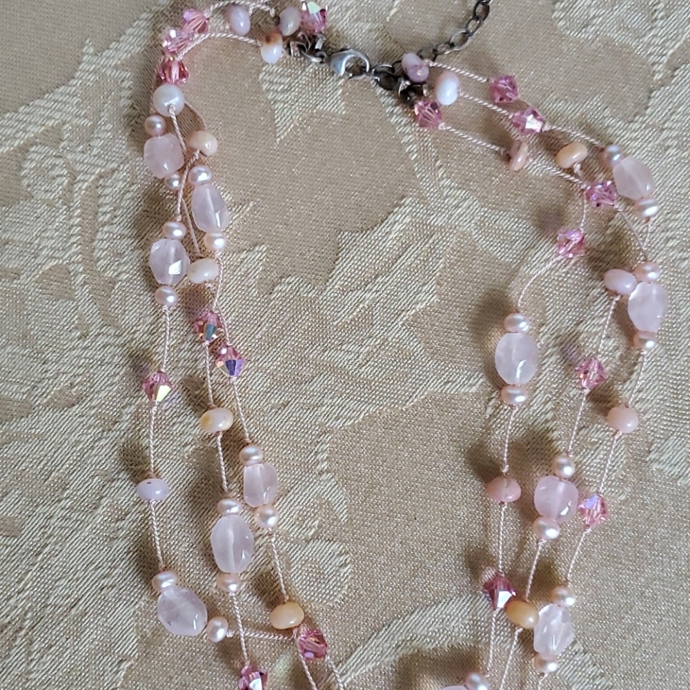 Handmade Rose-quartz Tri-tier Necklace 925 - Picture 4 of 14
